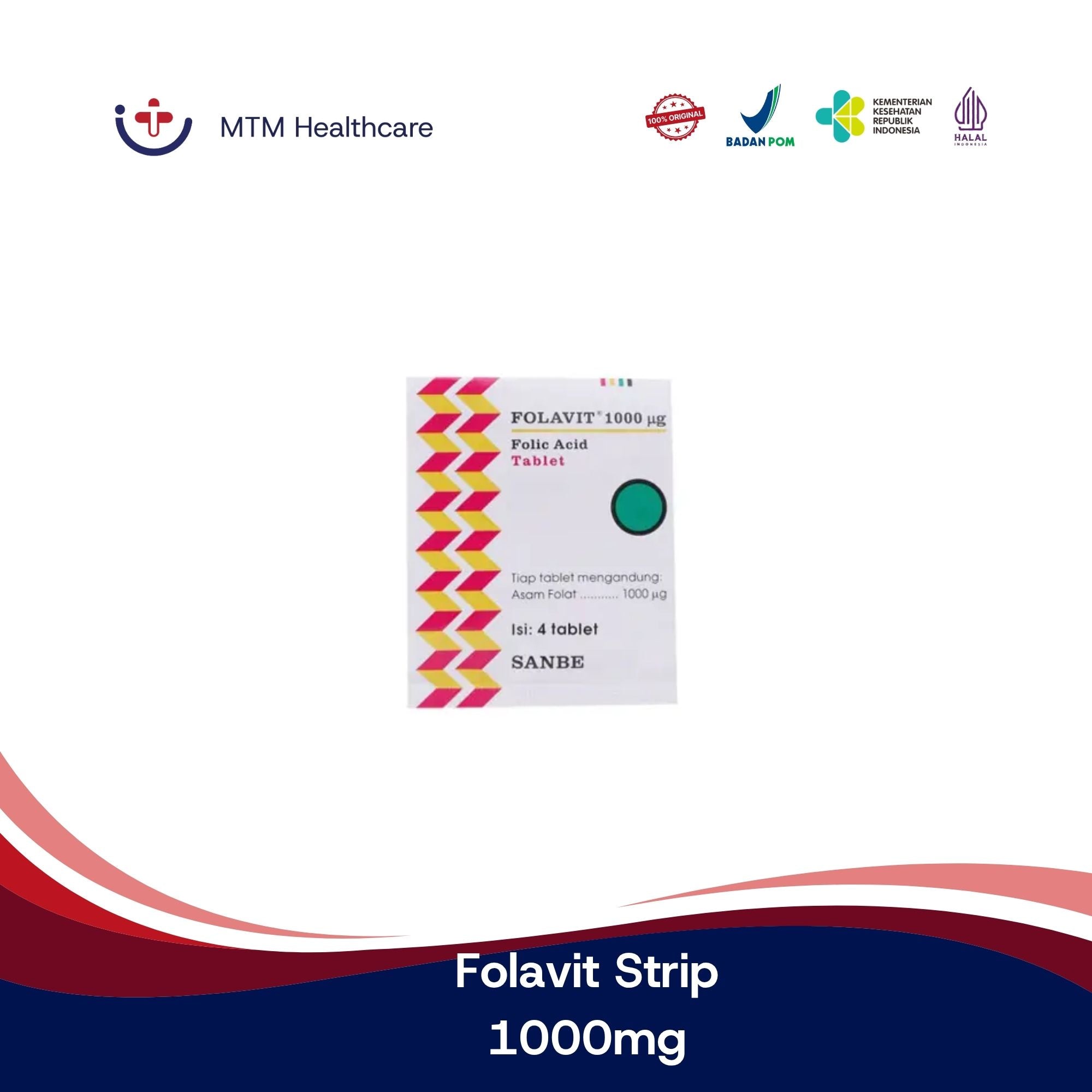 FOLAVIT 1000MCG 1 Strip Isi 4 Tablet - Obat Asam Folat untuk Anemia, Ibu Hamil, dan Menyusui