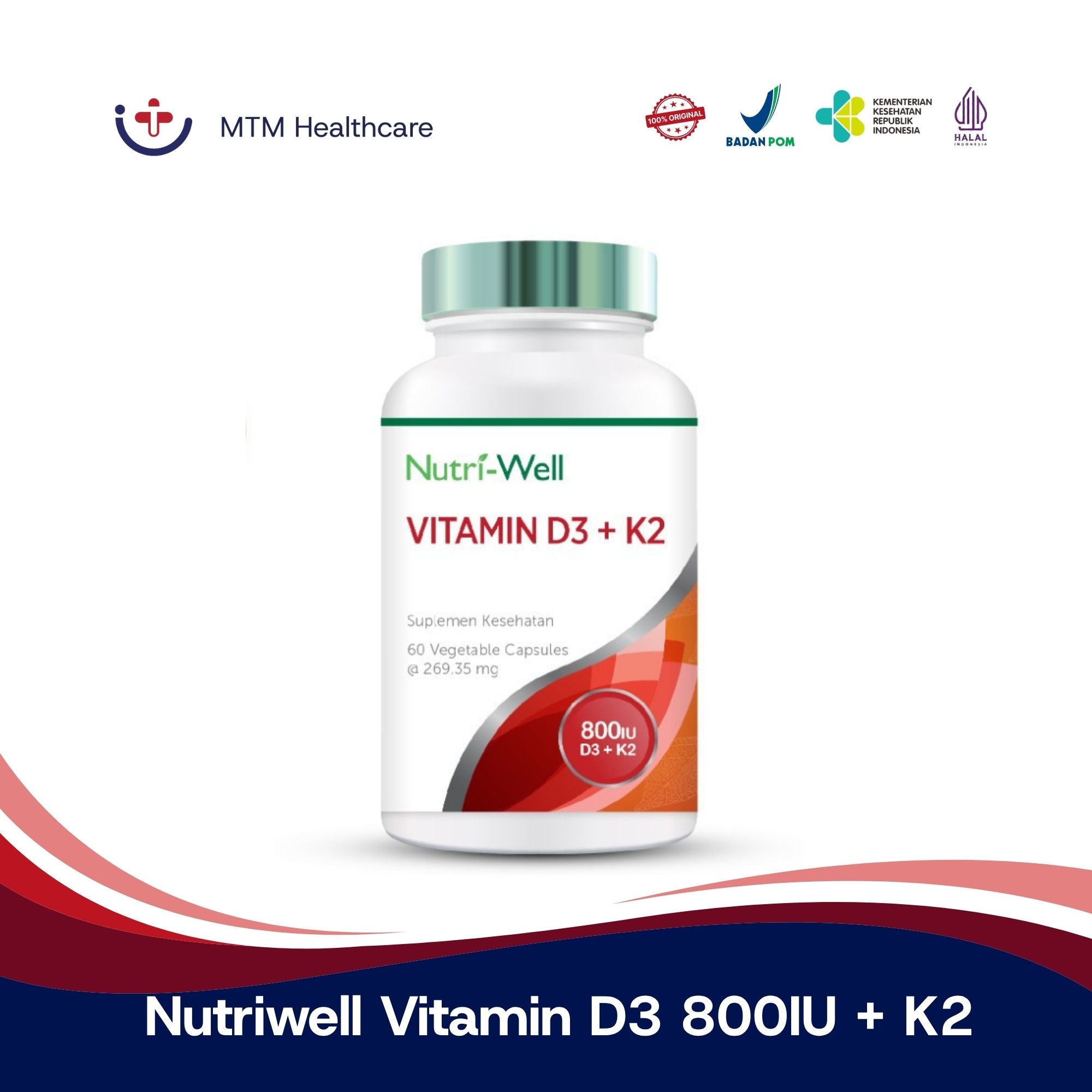 Nutriwell Vitamin D3 800IU + K2 Isi 60 Kapsul BPOM Multivitamin Suplemen